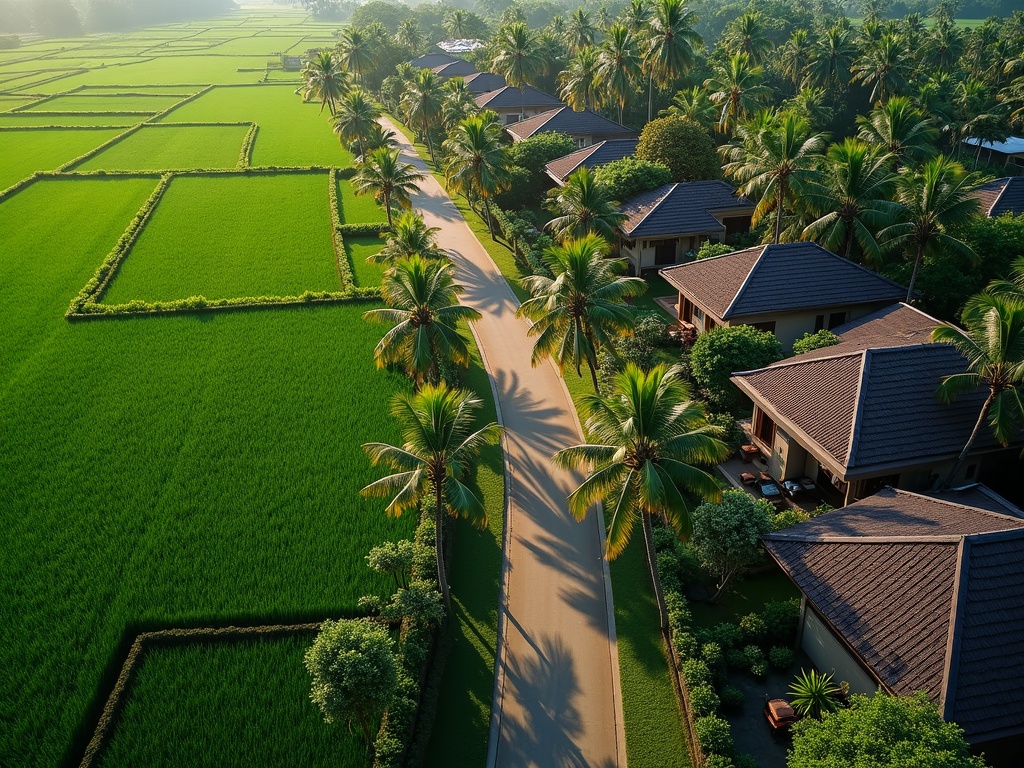 Aerial view of a leafy Bali villa neighbourhood among palms and rice fields