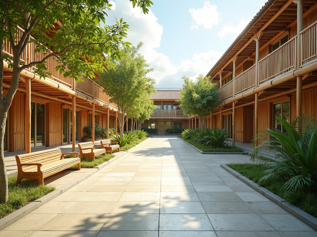 Open-air tropical school campus courtyard with timber and bamboo structures in Bali