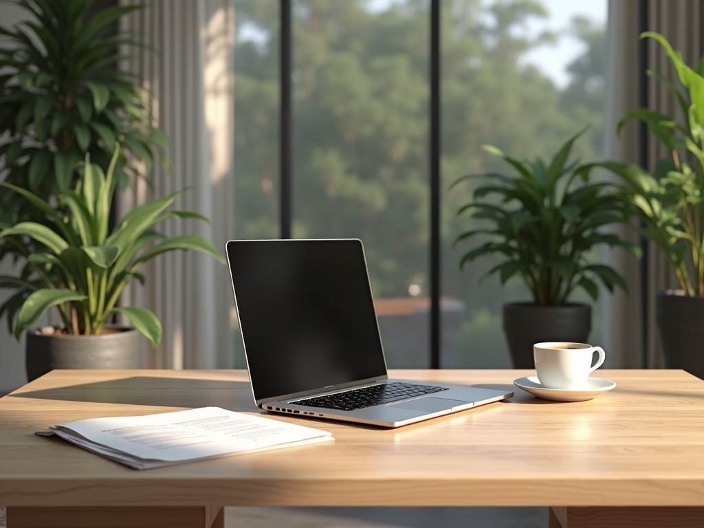 Modern minimalist Bali workspace desk with greenery for relocation and business consultation