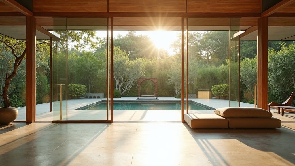 Modern glass-walled Bali family villa interior opening onto a tropical garden in morning light
